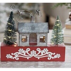 Barbara King Illuminated Metal House With Bottle Brush Tree Christmas Home Decor